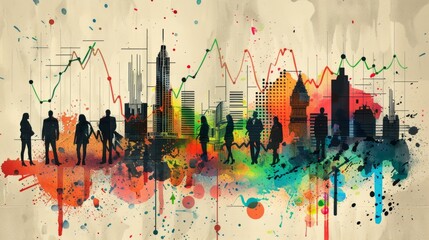 An abstract painting of a city with people walking in front of it. The painting is made with bright colors and has a lot of movement.