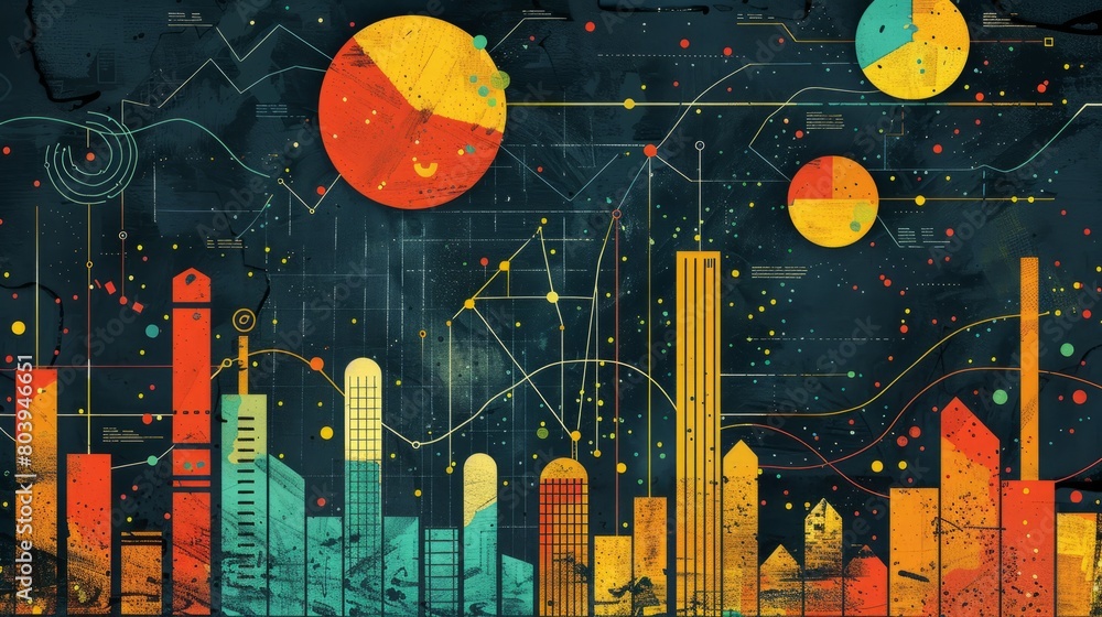 Poster an abstract cityscape with a blue and orange color scheme. the city is made up of geometric shapes a