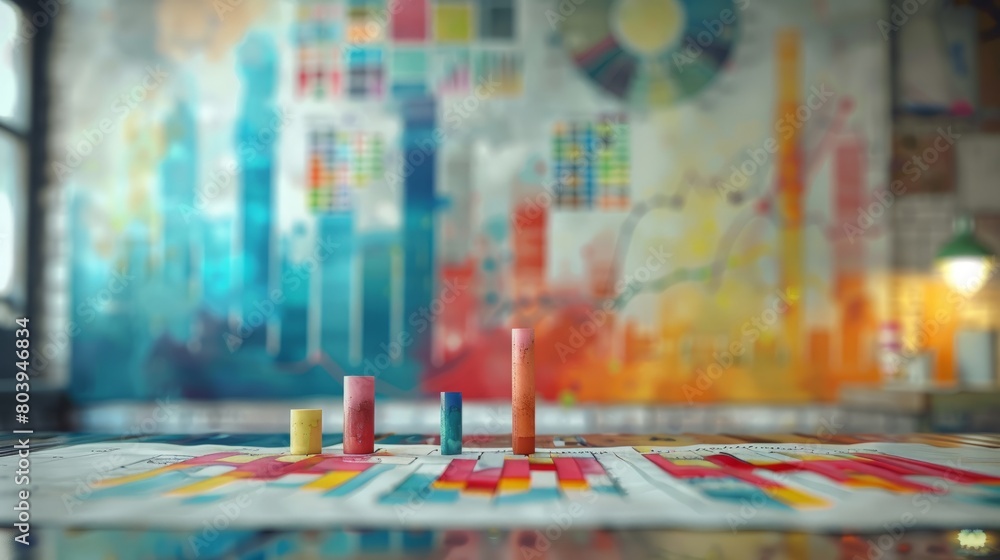 Poster colorful 3d bar graph in front of blurred background of color swatches