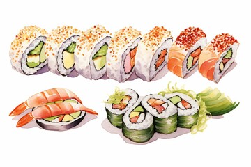 An watercolor illustration of a variety of sushi.