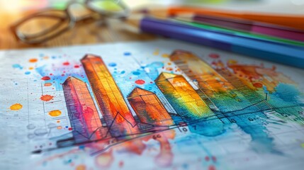 An abstract aquarela painting of a cityscape with bright complementary colors.