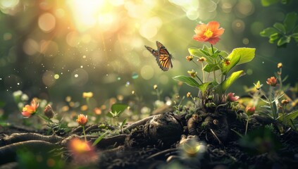 A beautiful flower garden with soil and roots under the ground
