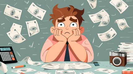 worried man surrounded by bills and calculator