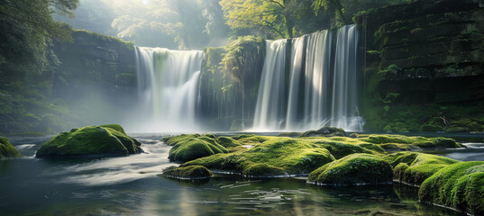beautiful waterfall in the forest, mossy rocks and green grass, long exposure