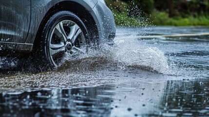 Hydroplane car wheel ABS Anti lock braking system driver roadway safe slip skid Be careful rainfall inadequate tread inflated rainy 