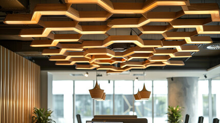 An elegant office ceiling with a sophisticated suspended design, consisting of interlocking wooden...