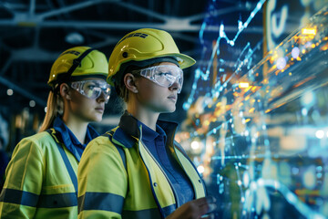 Futuristic technology concept: Team of engineers and professional Workers in heavy industry manufacturing factory that is digitalized with graphics into digital twin of industry