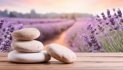 microphone on a wooden table, soap and towel, lavender flowers in a bottle, lavender on the beach, Stones and lavenders on wooden desk on background of lavender field. Spa still life in pastel colors