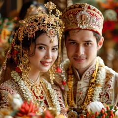 Indonesian couples get married wearing traditional tribal clothes, the bride and groom in floral knitted clothes look handsome and beautiful