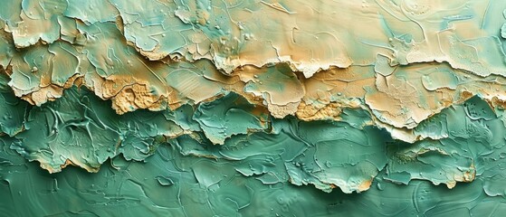 Sponged layers of seafoam green and sandy beige, suggesting a weathered surface