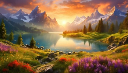 Landscape painting beautiful natural scenery realistically. Mountains and lakes with amazing sunset lights.