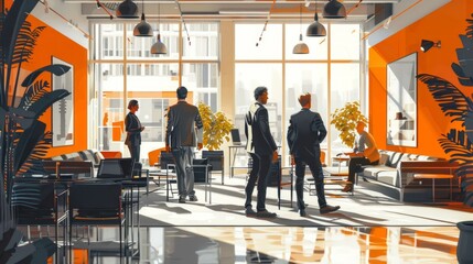 An illustration of a group of people in a modern office space with orange accents. The people are wearing business suits and are talking to each other. There are plants and chairs in the office.