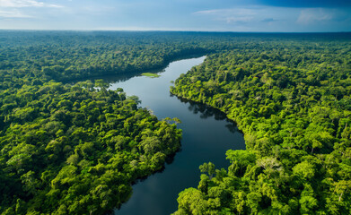 Fototapeta na wymiar Aerial view of Amazon rainforest in Brazil, South America. Green forest. Bird's-eye view
