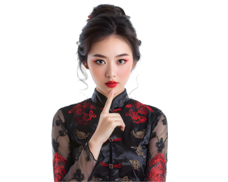 Chinese women with a finger on chin on transparent background