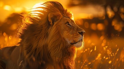Naklejka premium Capture the majesty of a lion in a photorealistic digital illustration, showcasing its intense gaze and golden mane under a setting sun