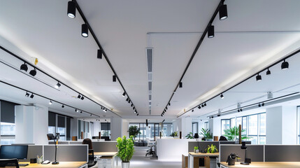 An open-plan office space with a seamless white ceiling, dotted with black track lighting that casts sharp, direct light onto collaborative areas and individual desks.