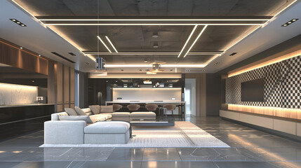 An open-plan living area featuring a sleek ceiling with streamlined, rectangular light fixtures,...