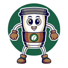 Vector mascot for Starbucks Coffee Cup with Happy face and strong stance. Cartoon style and have a retro style for shadow. 