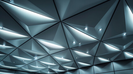 Ultra-modern ceiling with triangular gray panels, each lit by a small, bright LED, adding depth.