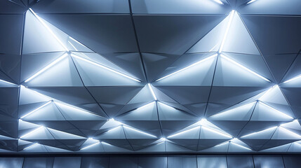 Modern ceiling with a pattern of lit triangular panels in gray, enhancing the room's dimension.