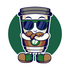 Vector mascot for Starbucks Coffee Cup with cool pose using eyeglasses. Cartoon style and have a retro style for shadow. 