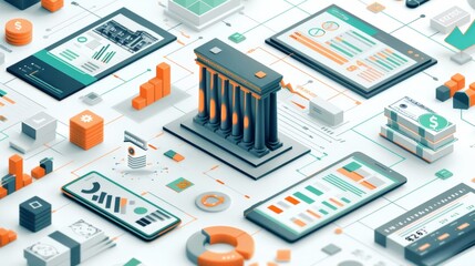 Obraz premium isometric illustration of a bank with graphs and money
