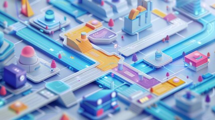 An isometric city illustration with a blue and purple color scheme. The city is made up of a series of interconnected buildings and roads.