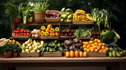 Fresh and clean Fruits and Vegetables on the Wooden Shelf Super Market Racks on Black Background AI Generated
