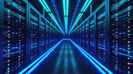 A high-tech data center with rows of servers, blue and green LED lights, symbolizing advanced technology and data storage. Resplendent.