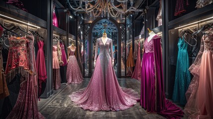 A room full of colorful dresses. There is a mannequin in the center of the room wearing a sparkly pink dress. The dresses on the left are mostly pink and purple, while the dresses on the right are mo
