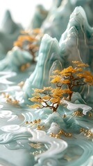 Tiny World Montage: Miniature Cinematic Scene with Gold Inlaid Jade Carving, Chinese Landscape Painting, and Bright Cyan Mountains