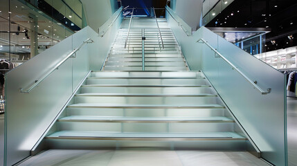 A contemporary staircase with frosted glass panels and sleek metal handrails, in a high-end fashion store.