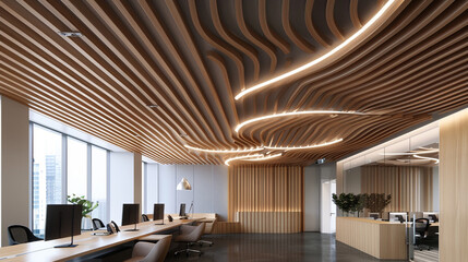 A contemporary office space showcasing a suspended ceiling with undulating wooden slats, creating a...