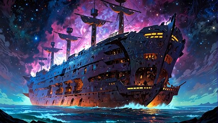 Night Voyage Ship at Sea manga style