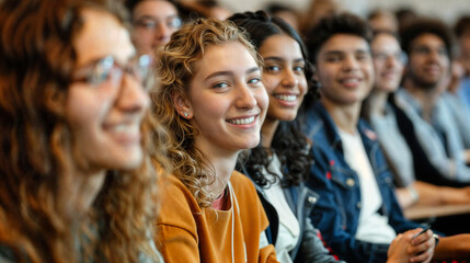 A group of students sitting in a classroom during a lesson or lecture. Education at school or university. Process of learning and education. Smiling teenagers in class