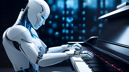 A robot playing a piano with a woman playing the piano collaboration with bluish background
 - obrazy, fototapety, plakaty