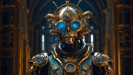 Fototapeta premium Character design golden machinery state-of-the-art architecture 