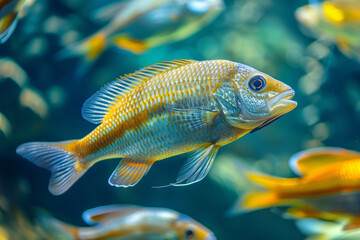 Freshwater fish swim underwater. By looking from the side.