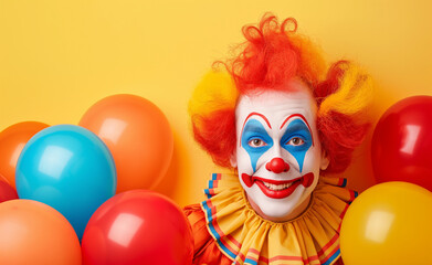 April Fools' Day Celebration: Funny Clown with Festive Balloons - obrazy, fototapety, plakaty