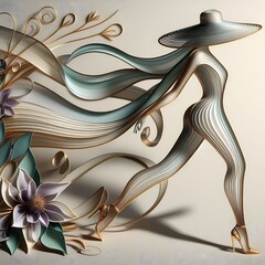 Surrealistic artwork of a female figure walking with a transparent ribbon.
