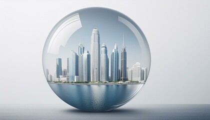 cityscape in Glass sphere, silhouette of huge skyline