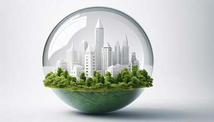 Glass sphere with white paper city surrounded by trees in the nature