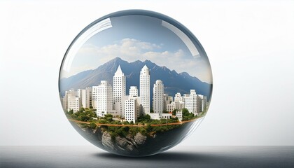 Glass sphere with white paper city surrounded by trees in the nature