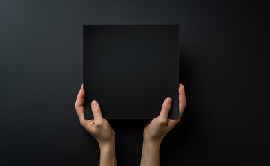 Hands Holding a Black Sheet of Paper Against a Black Background