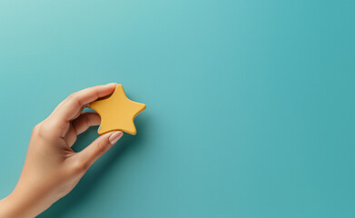 Woman's hand holds one star on a blue background. Customer Experience Concept. 