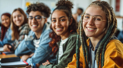 Fototapeta premium A group of students sitting in a classroom during a lesson or lecture. Education at school or university. Process of learning and education. Smiling teenagers in class