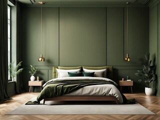  Modern rich luxury bedroom with lime olive color bed velor and khaki dark green painting wall. Minimalist interior design home or hotel. Empty mockup wall for art. wood parquet details. 3d render 