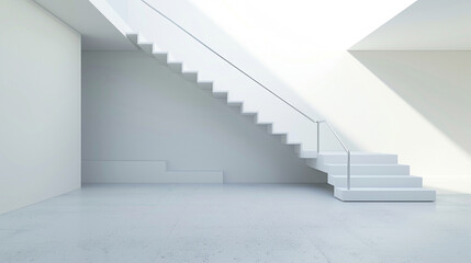 A minimalist staircase with white steps and a single steel handrail, located in a stark, artistically lit gallery space.