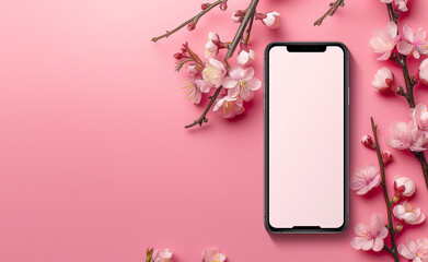 Modern Smartphone Mock-up with Cherry Blossoms on Pink Background