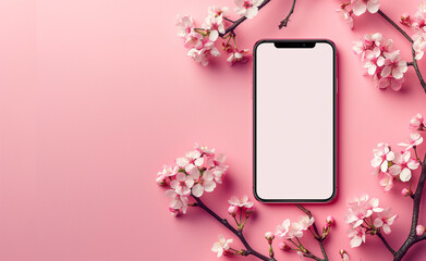 Modern Smartphone Mock-up with Cherry Blossoms on Pink Background